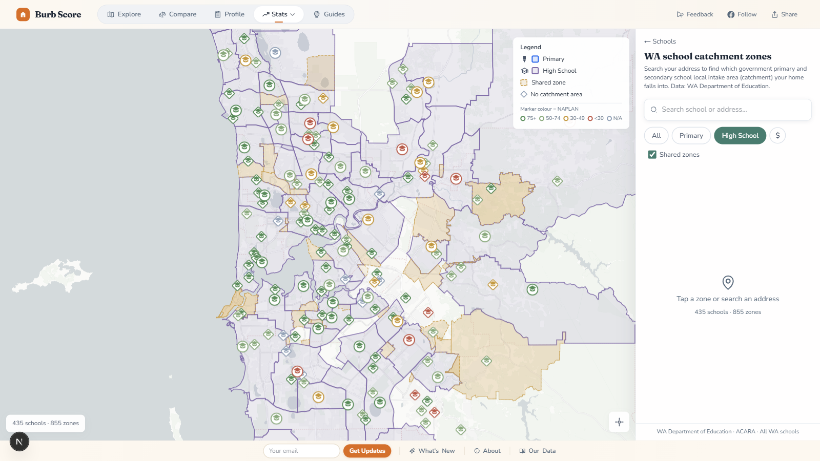 Burb Score interactive WA school catchment map showing Perth metropolitan area with primary and secondary school catchment polygons overlaid and individual school markers