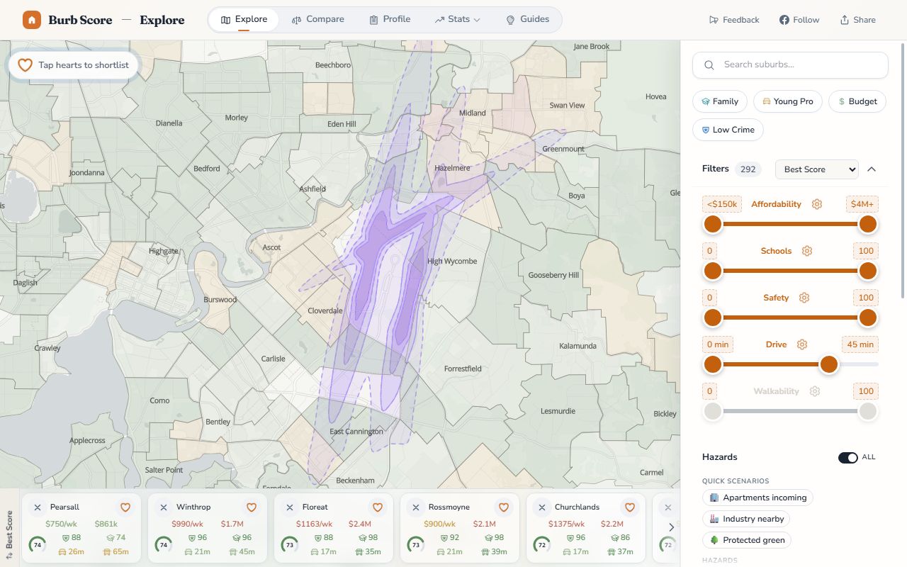 ANEF aircraft noise contours on the BurbScore map along the Perth Airport corridor
