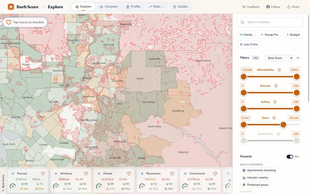 DFES bushfire prone areas layer on the BurbScore map, Perth Hills