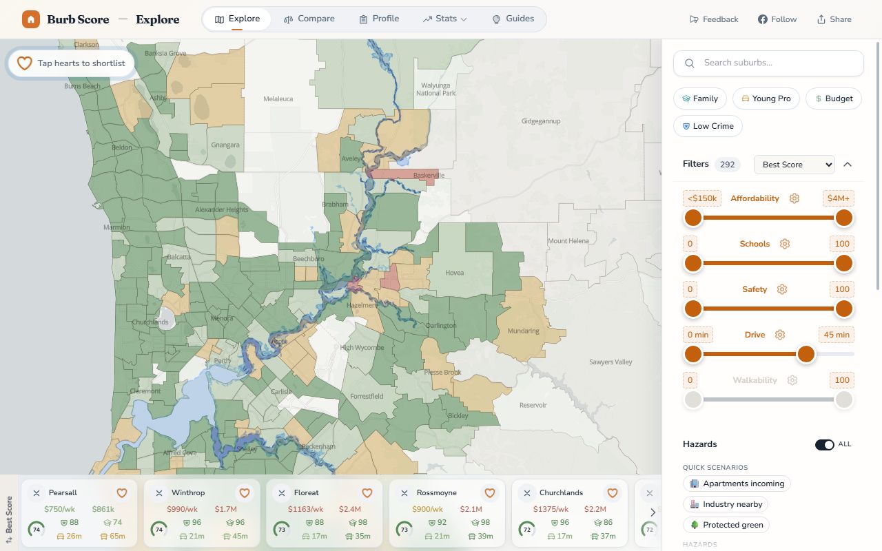 DWER flood zone layer on the BurbScore map showing the Swan and Helena River floodplain