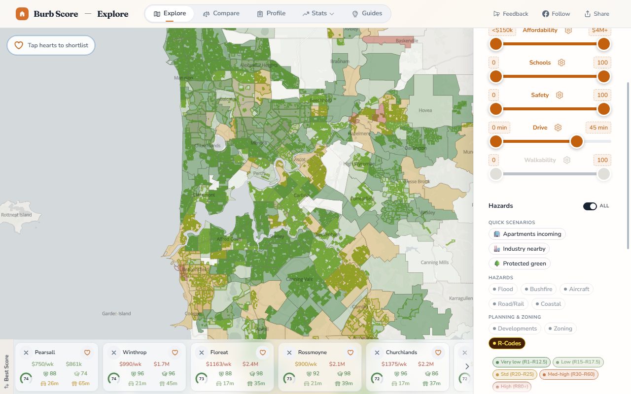 R-Codes density layer on the BurbScore map colouring every Perth parcel by residential code