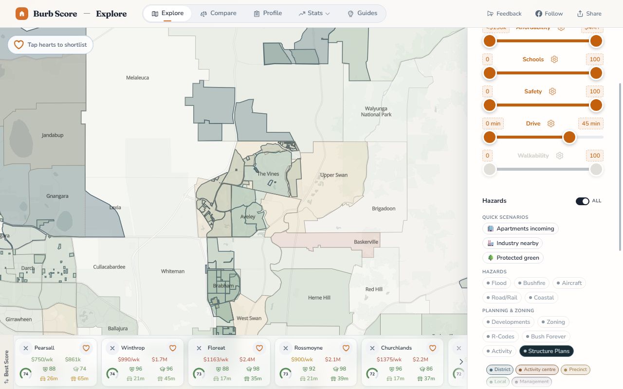 Structure plans layer on the BurbScore map over the Brabham and Aveley growth corridor