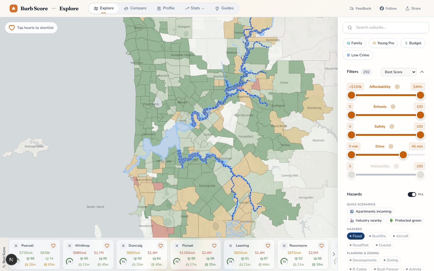 Flood zones, bushfire prone areas, aircraft noise & developments — five government hazard layers on one Perth map